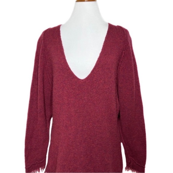 SOLD-Free People Fringe Hem Cranberry Raglan Crochet Knit Pullover Wool Sweater - Picture 7 of 9